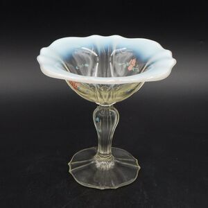 Fenton Glass French Opal Footed Candy Dish White Opalescent Hand Painted Sign